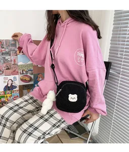 Cute black lamb wool cross-body bag with bear pendant vintage style shoulder bag.