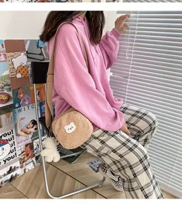 Cute plush crossbody bag for women, cozy brown lambswool small shoulder bag with cute bear patch.