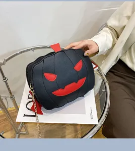 Halloween pumpkin crossbody bag black PU leather gothic devil face shoulder handbag for women