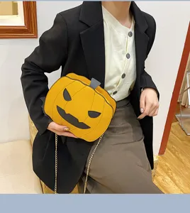 Halloween Pumpkin Crossbody Bag PU Leather Novelty Shoulder Bag with Chain Strap for Women