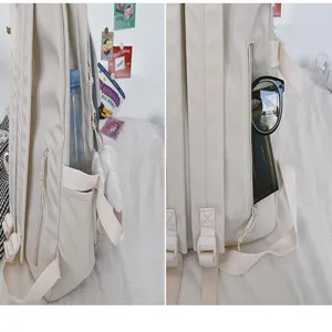 Mochila de lona beige vista detallada con bolsillos laterales funcionales y cremallera.