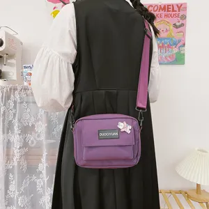 Bolso cruzado de lona morada Harajuku, lindo bolso de estudiante con dije de conejo.