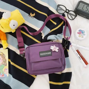 Bolso de hombro de lona violeta estilo Harajuku para mujer bolso cruzado informal con bolsillo.