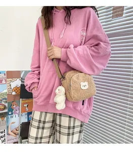 Cute sherpa crossbody bag for women, vintage Japanese style fuzzy shoulder bag with bear.