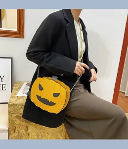 Halloween pumpkin crossbody bag for women funny PU leather shoulder handbag with chain.