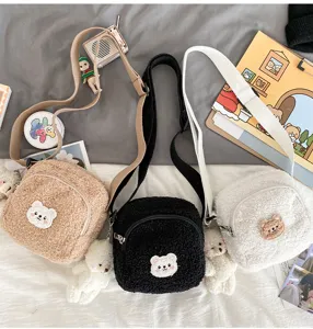Cute lamb wool crossbody bag sweet style shoulder bag with lovely bear patch for women