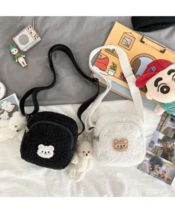 Cute lamb wool crossbody bag with lovely bear patch, soft fuzzy shoulder bag for women daily.