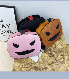 Halloween pumpkin PU leather crossbody bag detail view, novelty chain shoulder handbag.