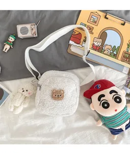 Cute bear sherpa crossbody bag for women, Japanese vintage fluffy plush shoulder bag.