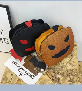 Halloween pumpkin crossbody bag, trendy PU leather shoulder bag with chain strap for women.