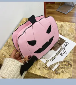 Pink PU leather pumpkin shoulder bag with chain strap, cute Halloween novelty crossbody bag