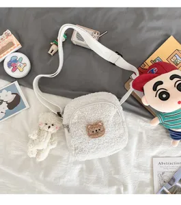 Cute white lamb wool crossbody bag with cute bear patch, sweet Japanese style fuzzy purse.