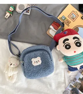 Cute fluffy lamb wool crossbody bag featuring a lovely bear patch, sweet Japanese ins style.