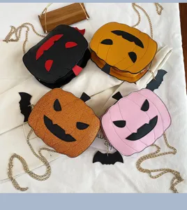 Halloween pumpkin crossbody bag with chain, cute devil horn and bat wing PU leather purse.