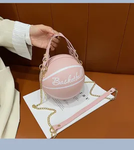 Rosa basketballfoermige Umhaengetasche mit Goldkette, stylische Neuheit PU Leder Tasche.