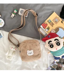 Cute sherpa crossbody bag featuring fluffy brown fleece and a sweet little bear patch design.