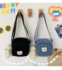 Cute Japanese vintage lamb wool crossbody bag with lovely bear plush pendant for autumn winter.