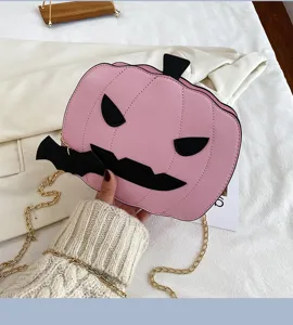 Pink Halloween pumpkin PU leather crossbody bag with chain strap, stylish shoulder bag.