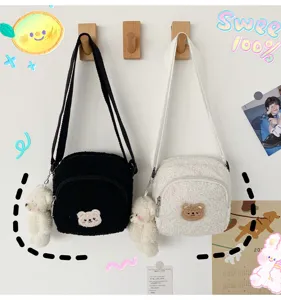 Cute Japanese vintage style plush shoulder bag with adorable bear patch and pendant for women.