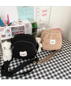 Cute lamb wool crossbody bag with bear pendant, Japanese ins style plush shoulder bag for women.