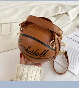 Kreative Basketball Umhaengetasche fuer Damen, stilvolle braune PU Leder Handtasche cool