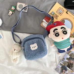 Cute blue sherpa bear crossbody bag with lovely bear patch, Japanese vintage style purse.
