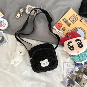 Cute black fluffy fleece cross-body bag with cute bear patch, Japanese ins style shoulder bag.
