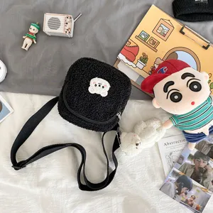 Black fleece crossbody bag with cute bear patch, Japanese style soft girl fluffy shoulder bag.