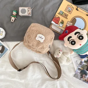 Cute Japanese style lamb wool crossbody bag with cute bear patch for autumn and winter.