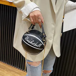 Kreative Basketball Form Damen Handtasche, modische schwarze PU Leder Umhängetasche Kette.
