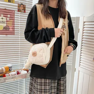 Cute lambswool crossbody bag with sweet bear design, perfect for autumn and winter daily wear.