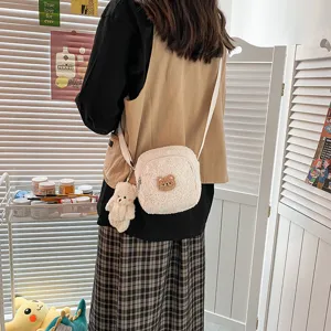 Japanese vintage cute lamb fleece crossbody bag, fluffy white shoulder bag with bear pendant.