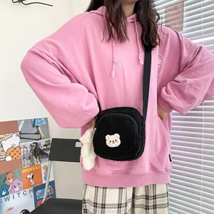 Japanese vintage cute lambswool cross body bag, fluffy black plush bag with bear patch.
