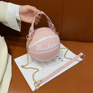 Rosa basketballformige Umhängetasche für Damen, kreative PU Leder Handtasche mit Kette.