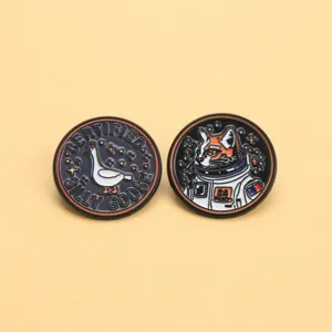 Cute astronaut cat and silly goose enamel pins set, funny metal badges for clothes.