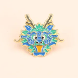 Broche de metal esmaltado con cabeza de dragón cian estilo chino insignia de la suerte bolsas