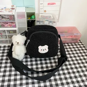Cute lamb wool crossbody bag with fluffy bear pendant, Japanese vintage style cute bag.