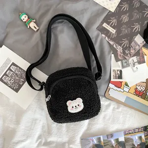 Cute black lamb wool crossbody bag with bear patch, vintage Japanese style soft plush bag.