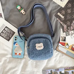 Cute fluffy blue sherpa crossbody bag featuring a cute bear patch, sweet retro fuzzy shoulder bag.