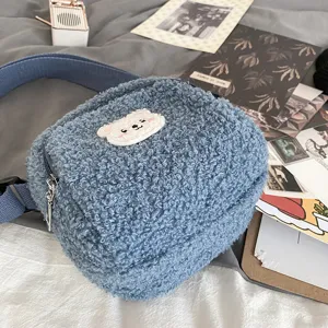 Blue sherpa crossbody bag for women cute bear patch vintage style fluffy shoulder bag