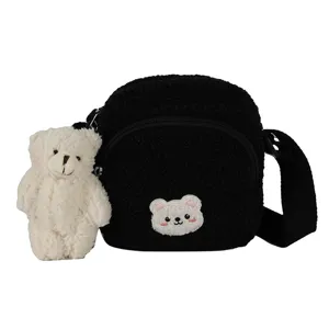 Cute fuzzy bear crossbody bag for women, soft plush lamb wool shoulder bag, sweet style.