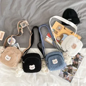 Japanese Style Cute Plush Bear Crossbody Bag For Women Vintage Soft Lamb Wool Small Shoulder Bag Messenger Purse Everyday School Travel