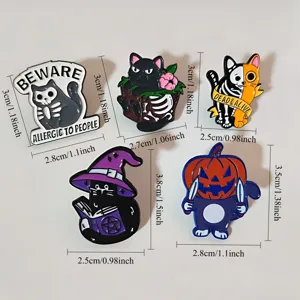 Halloween dark style black cat skeleton enamel pins detail view with clear size measurements.
