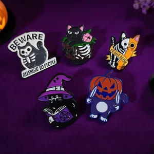 Halloween dark gothic cat enamel pins set, funny skeleton pumpkin badge brooches for apparel.