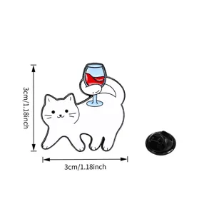 Cute white cat wine glass enamel pin badge, metal brooch accessory for clothes and bags.