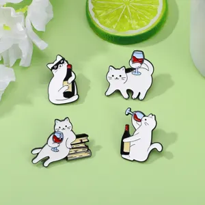 Cute cartoon white cat wine metal enamel pins set lovely badges apparel accessories brooch