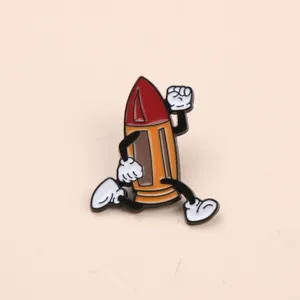 Broche de metal de cohete retro, divertido pin esmaltado de bala antropomórfica