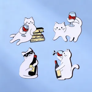 Cute Cartoon White Cat Wine Enamel Pin Funny Novelty Kitten Drinking Brooch Lapel Badge For Backpack Clothing Accessory Gift