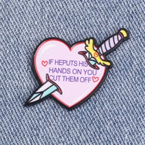 Heart dagger enamel pin with edgy English lettering quote, cute metal brooch for clothes and bags.