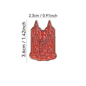 Notre-Dame Cathedral enamel pin detail shot, vintage gothic architectural metal brooch badge accessory.